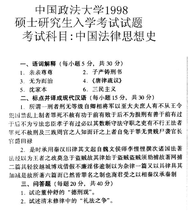 说明: 1998年中国政法大学中国法律思想史考研真题