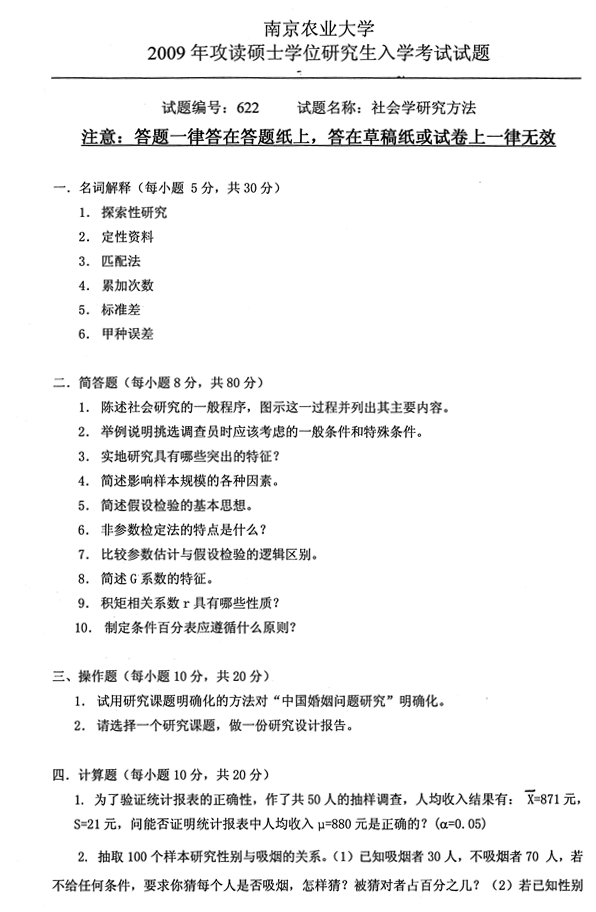 说明: C:\Documents and Settings\Administrator\桌面\南京农业大学农村发展学院622社会学研究方法历年考研真题汇编(喻鑫在整理07.23)\3 正文\1 第一部分  南京农业大学社会学研究方法考研真题\1 2009年南京农业大学622社会学研究方法考研真题\1 2009年南京农业大学622社会学研究方法考研真题_页面_1.jpg