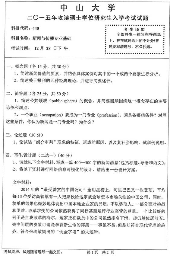 说明: 2015年中山大学440新闻与传播专业基础考研真题_页面_1