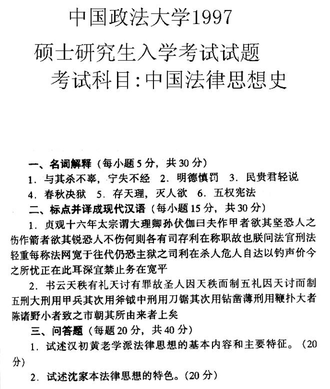 说明: 1997年中国政法大学中国法律思想史考研真题